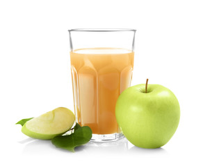 Fototapeta na wymiar Glass with fresh apple juice on white background