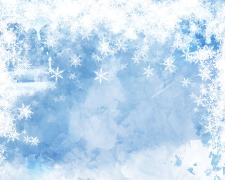 Christmas background with snowflakes on watercolour texture