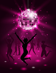 Silhouette People Dancing in Night-club, Disco Ball, Glitter Party Background