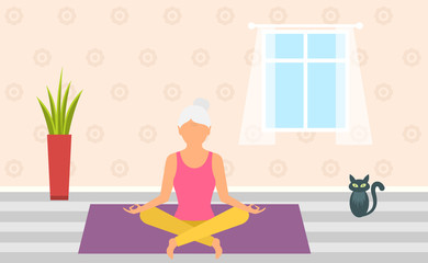 Obraz na płótnie Canvas Adult Woman Meditating in Pose Lotus, Home Interior. Leisure of Pensioner