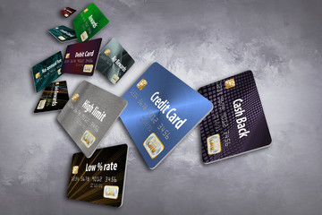 Choosing the right credit card is the theme of this illustration that includes cash back card, air miles rewards card, low interest rate card, high limit card, no annual fee card etc.