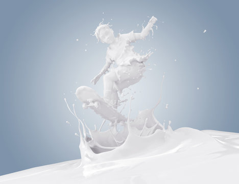 Splash of milk in form of Boy's body to ride skateboard