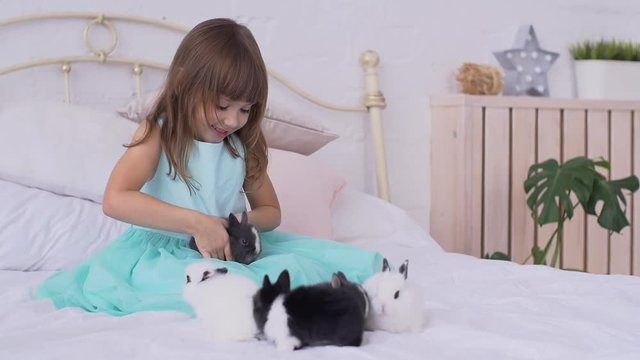 Pretty teen girl having fun, hugging and playing with decorative rabbit