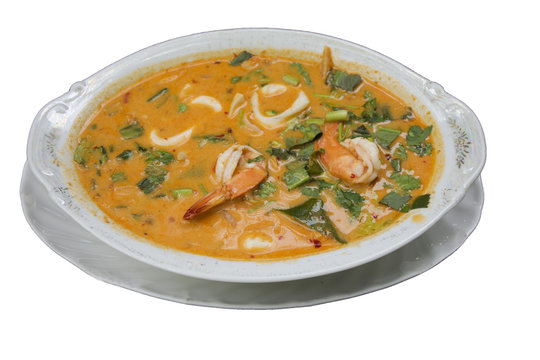 Thai food called Tom yum goong seafood recipe or Thai Seafood Spicy Soup