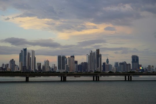 A twilight view of Cinta Costera and modern Panama City skyline, Panama