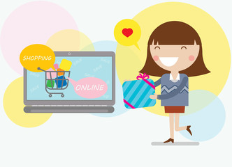 Little lady with shopping online store ,eCommerce business concept