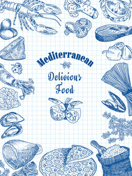 delicious mediterranean food, broccoli, calamari, cheese, crab, eggs, fish, flour, garlic, lettuce, lobster, mushroom, mussels, pepper, pizza, prawn, shell, shrimp, spaghetti, squid