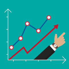 Finger up holding chart arrow. Businessman manages financial growth graph. Budget planning concept, Profit growing concept. Isolated on green