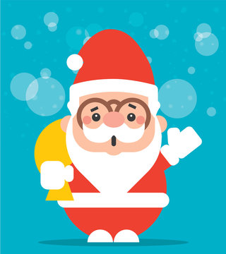 Merry Christmas! Cartoon cute Santa Claus carrying a big bag of Christmas present and waving hand happily! Flat vector mascot character.