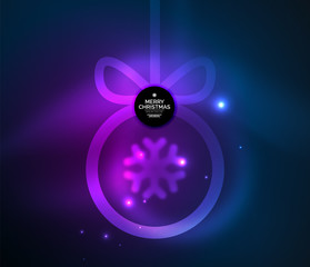 Christmas baubles, vector magic dark background with glowing New Year spheres