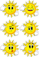 Cartoon sun put an imaginary gun to his head. Collection with happy faces. Expressions vector set.