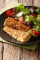 fried fish hake with salad from tomato, radish and lettuce close-up. vertical