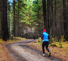 The man running in the forest. The Athletic man running on a forest trail. The man running on a trail in autumn forest yellow-green trees. Bright sportswear.