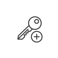 Add key line icon, outline vector sign, linear style pictogram isolated on white. Key and plus symbol, logo illustration. Editable stroke