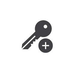 Add key icon vector, filled flat sign, solid pictogram isolated on white. Key and plus symbol, logo illustration.