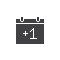 Calendar icon vector, filled flat sign, solid pictogram isolated on white. Planner with plus 1 symbol, logo illustration.