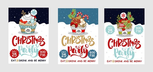 Set Christmas party and sweets postcard. A painted inscription text