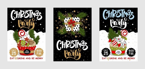 Set Christmas party and sweets postcard. A painted inscription text