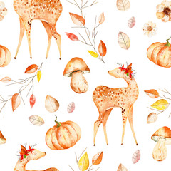 This autumn seamless pattern included deer, autumn leaves,branches,flowers,mushrooms and pumpkins. This pattern perfect for autumn sketchbook,wallpapers,cover design,print.