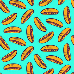 Colorful seamless pattern with cute cartoon american hot dog on bright blue background. Comic flat pop art hotdogs texture for fast food textile, wrapping paper, package, restaurant or cafe banners