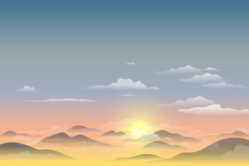 Naklejka na ściany i meble Vector illustration, Landscape view with sunset, sunrise, the sky, clouds, mountain peaks, and forest. for the website background
