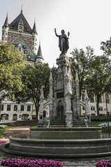 Canada Quebec City Fountain Monument of Faith woman in front of Chateau Frontenac tourist attraction Heritage