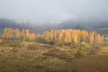 Misty October morning in the Izborsk-Malsky valley. Izborsk, Russia