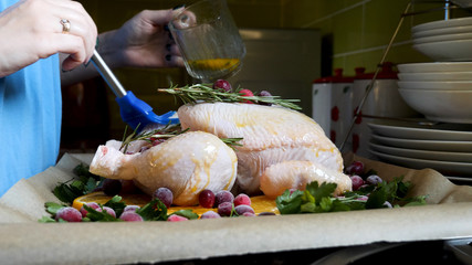 Female Hands Brushing Whole Raw Chicken With Roasting Sauce in Roasting Pan With Oranges Cranberries and Herbs in Oven Tray