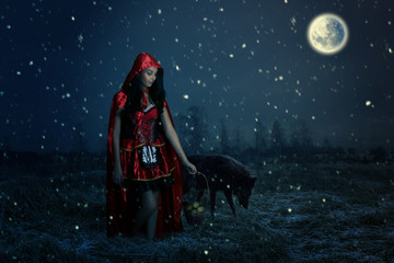 fairy tale concept with a beautiful girl . little Red Riding Hood in the forest