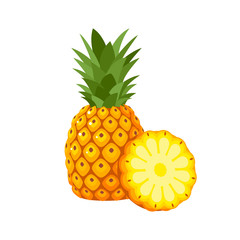 Summer fruits for healthy lifestyle. Pineapple fruit, whole and slice. Vector illustration cartoon flat icon isolated on white.