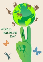 Wildlife save concept vector illustration, nand and earth with animals
