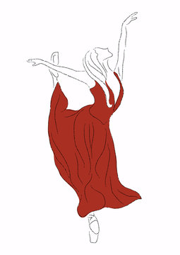 Abstract line art of ballerina in red dress illustration on white background; Dancing classical performance. 