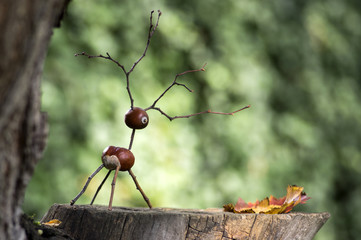 Chestnut animal on wooden stump, deer made of chestnut, acorn and twigs, green background