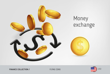 US Dollar coins. Money exchange icon with flying United States Dollar coins, finance concept. Vector illustration for print, websites, web design, mobile app, infographics.