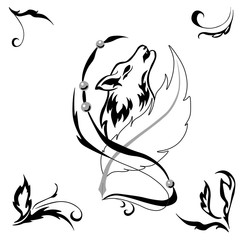 Tattoostyle wolf and feather for salons and prints