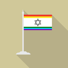 Israeli gay pride flag star of David with flagpole flat icon with long shadowt. LGBT community flag.