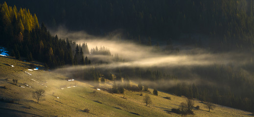 valley of the mountain flooded with mists in the morning.Morning show of fog in the mountains