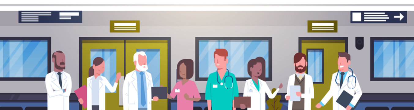 Group Of Doctors In Hospital Corridor Horizontal Banner Diverse Medical Workes In Modern Clinic Flat Vector Illustration