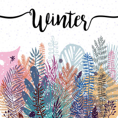 trendy winter leaves background. Vector botanical illustration, Great design element for congratulation cards, banners and other