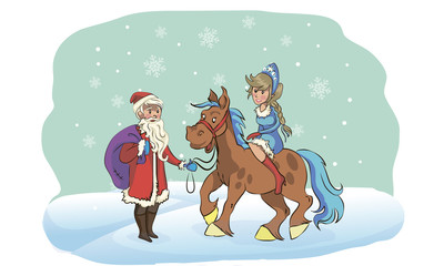 Russian Santa Claus. Grandfather Frost and Snow Maiden on a white background. Funny New Year characters. illustration in cartoon style