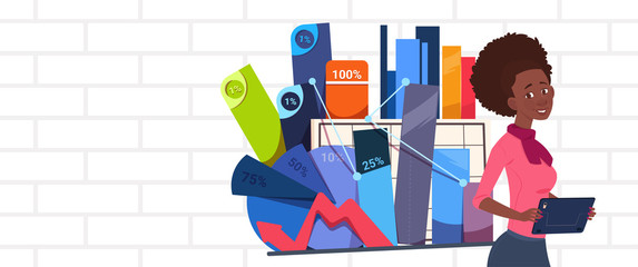 African American Businesswoman Holding Presentation Stand Over Abstract Charts And Graph Business Woman Seminar Or Report Meeting Flat Vector Illustration