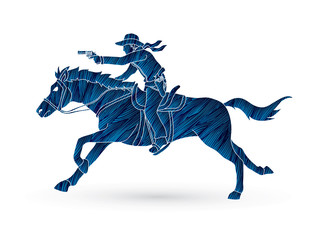 Obraz premium Cowboy riding horse,aiming gun designed using grunge brush graphic vector