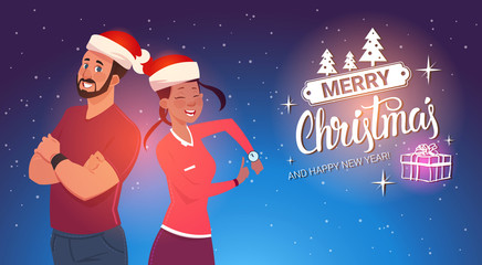 Happy Couple Wearing Santa Hats Man And Woman Christmas And New Year Holidays Celebration Poster Flat Vector Illustration