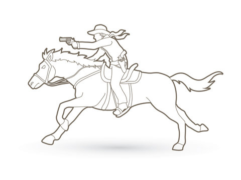 Cowboy riding horse,aiming gun outline graphic vector