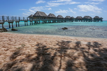 Tropical lagoon with overwater bungalows of a resort seen from a sandy beach with shade of trees, Tikehau atoll, Tuamotus, French Polynesia, south Pacific ocean