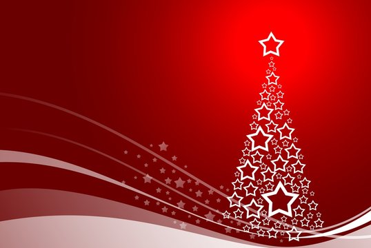 beautiful red  background with abstract christmas tree and stars