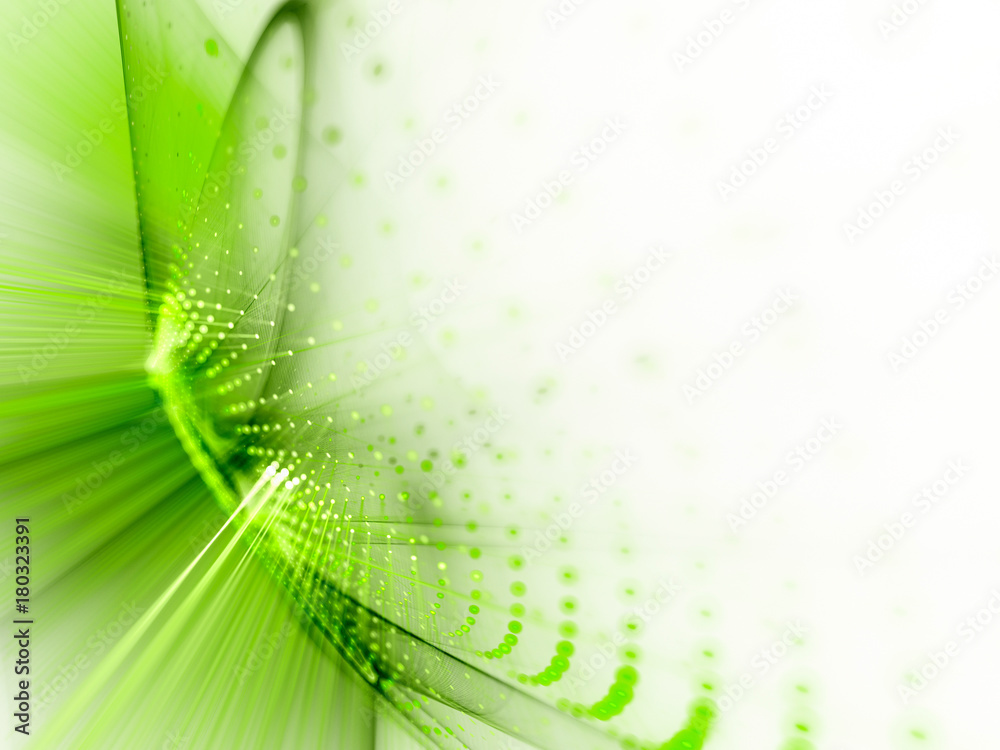 Fototapete Abstract green and white background. Fractal graphics series. Three-dimensional composition of dots, waves and rays of light.