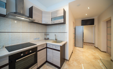 Refrigerator, metallic color, stainless steel in the kitchen.