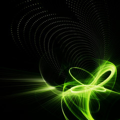 Fototapeta na wymiar Abstract green and black background. Fractal graphics series. Three-dimensional composition of dots, waves and rays of light.