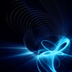 Abstract blue and black background. Fractal graphics series. Three-dimensional composition of dots, waves and rays of light.